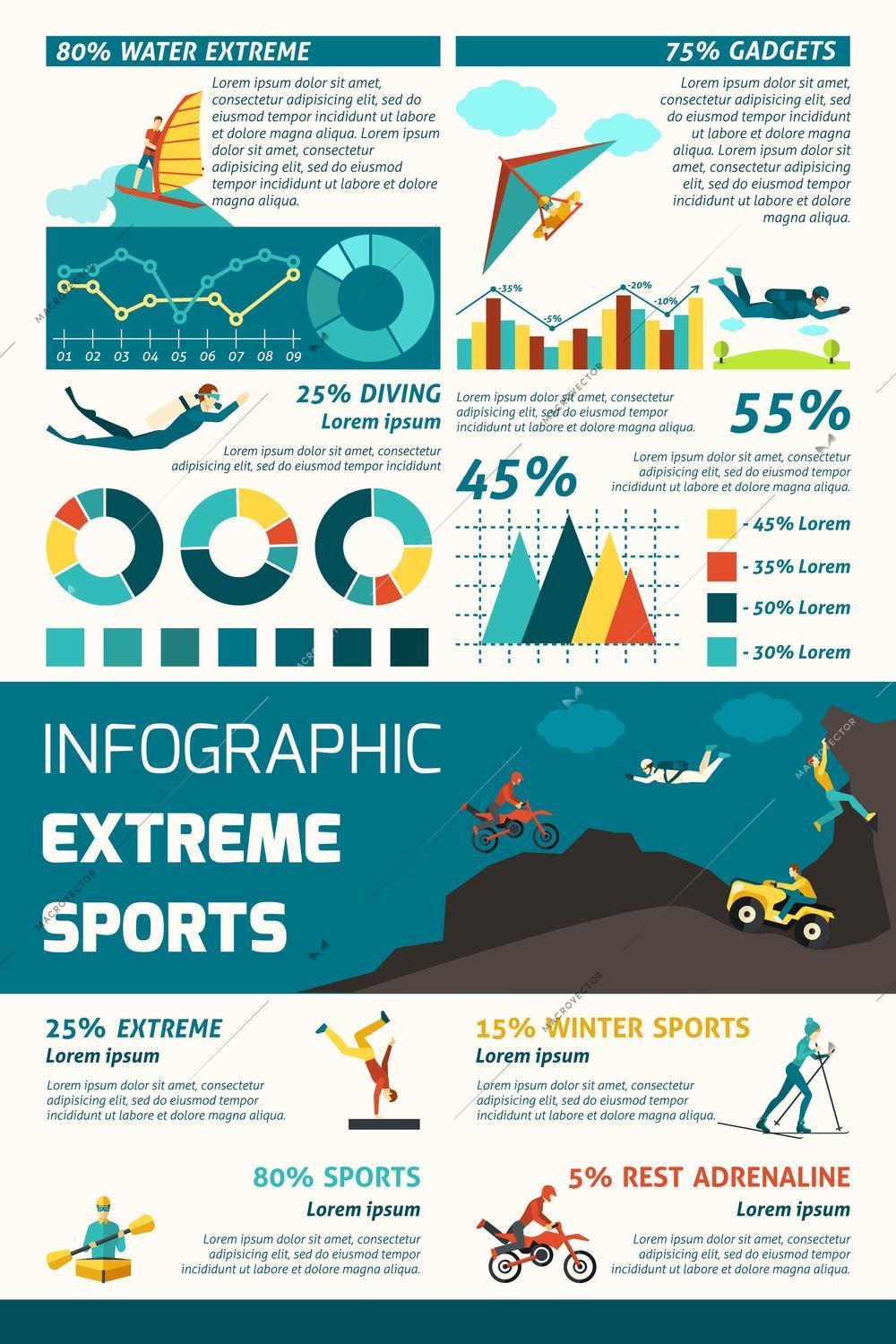 Extreme sports infographics set with adrenaline adventure symbols and charts vector illustration