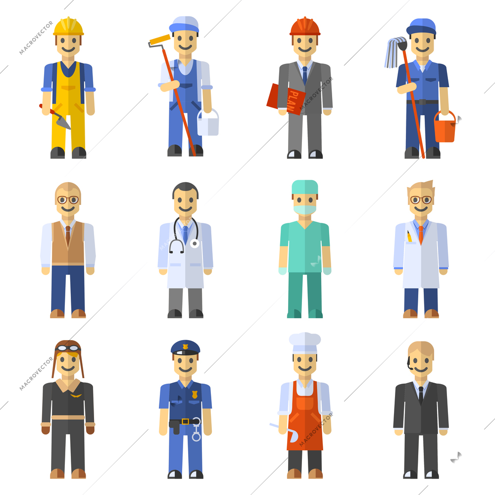 Profession people set with engineer worker pilot teacher isolated vector illustration