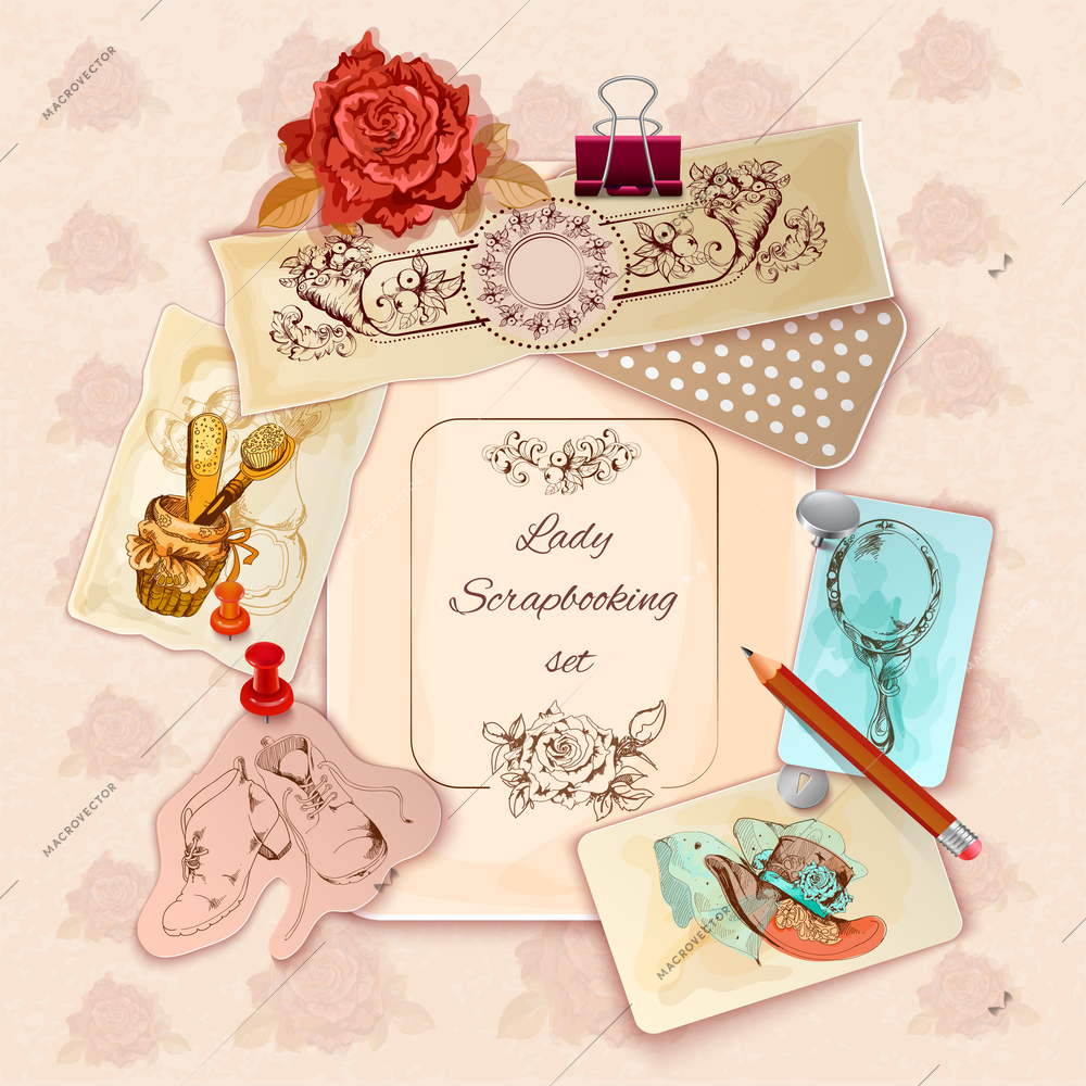 Ladies scrapbooking set with vintage woman fashion accessories sketch vector illustration