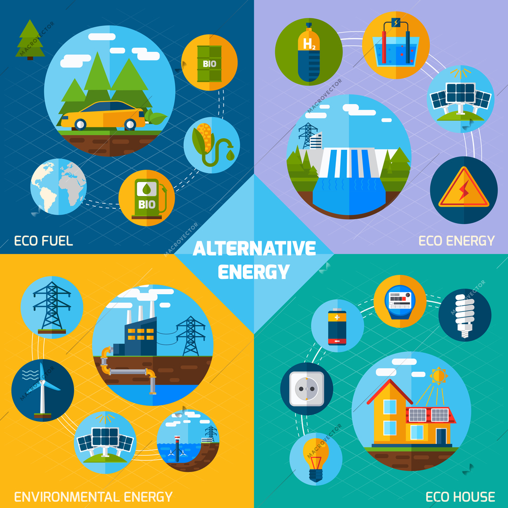 Alternative energy design concept set with eco fuel and house flat icons isolated vector illustration