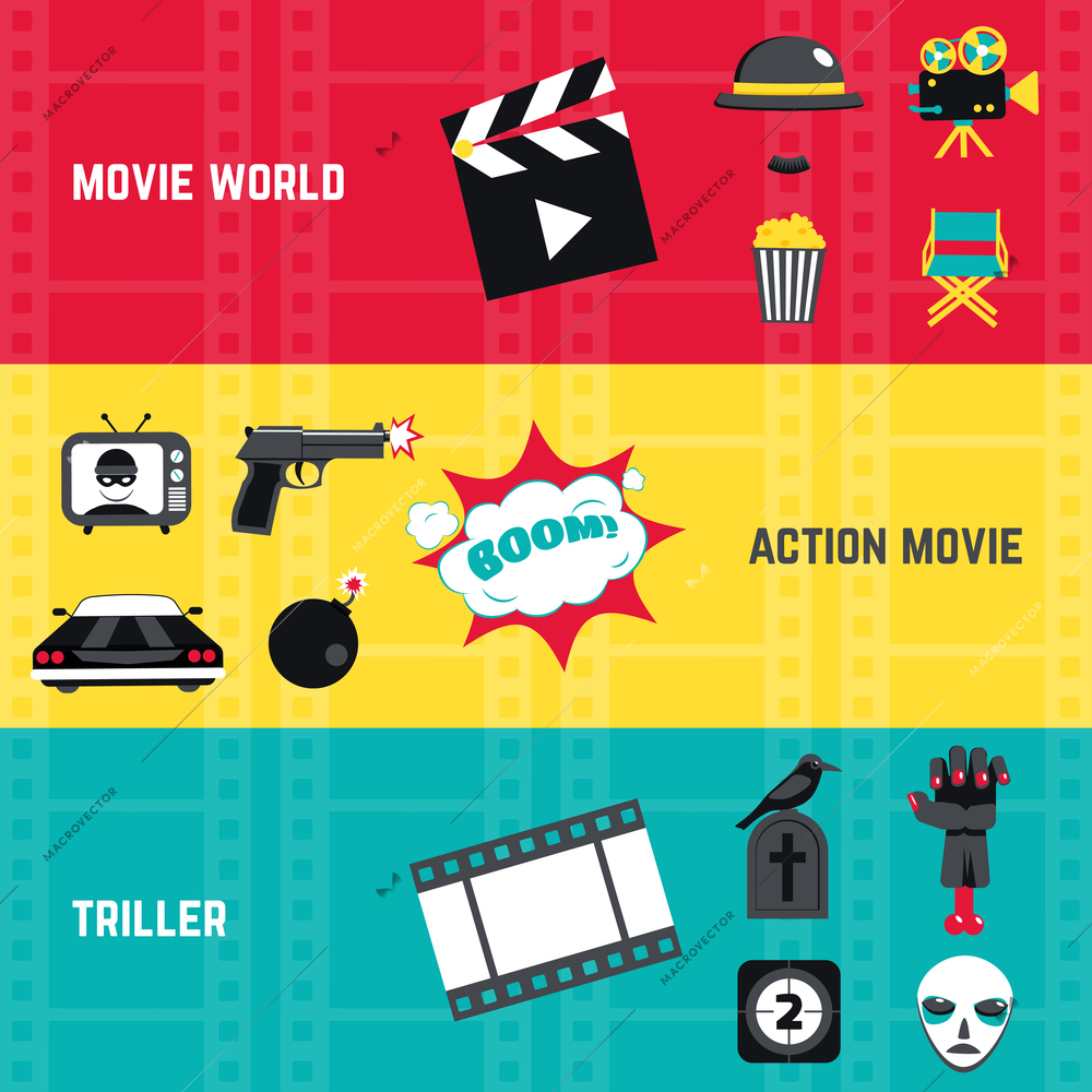 Film horizontal banner set with action movie and triller elements isolated vector illustration