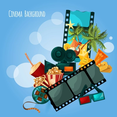 Cinema background with cartoon film and movie decorative elements vector illustration