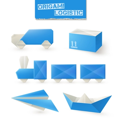 Origami logistic set with paper ship plane train and box isolated vector illustration