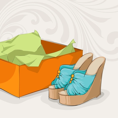 Stylish woman's blue sandals near open present box with packaging paper vector illustration