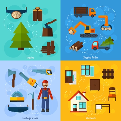 Woodworking industry design concept set with lumberjack logging and timber shipping flat icons isolated vector illustration