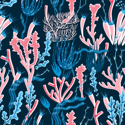 Colorful deep sea coral and seaweed seamless pattern flat vector illustration