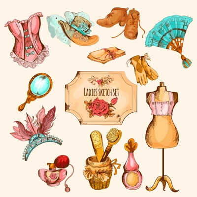 Sketch colored ladies retro style accessories decorative set isolated vector illustration