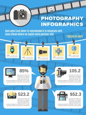 Photography infographics set with photo camera and equipment information symbols vector illustration