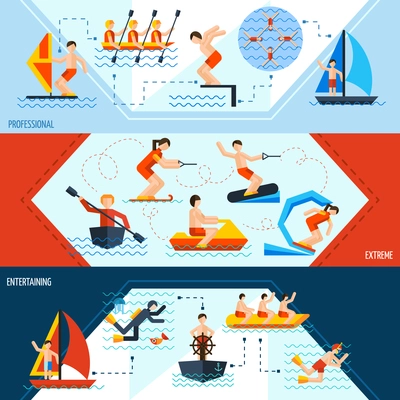 Water sports horizontal banners set with professional extreme and entertaining elements isolated vector illustration