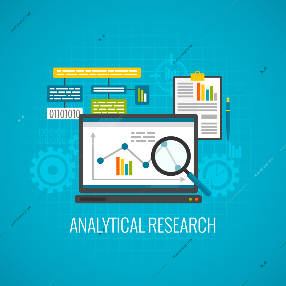Data and analytical research concept with laptop and magnifying glass icon flat vector illustration