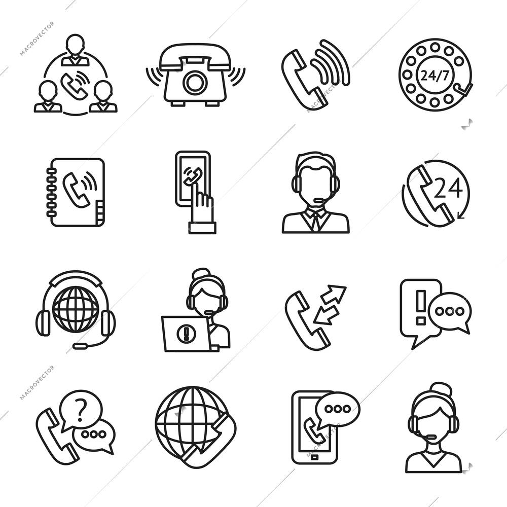 Call center question answer service outline icons set isolated vector illustration