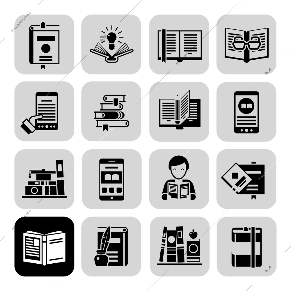 Books and magazines bookstore and library icons black set isolated vector illustration