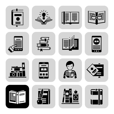 Books and magazines bookstore and library icons black set isolated vector illustration