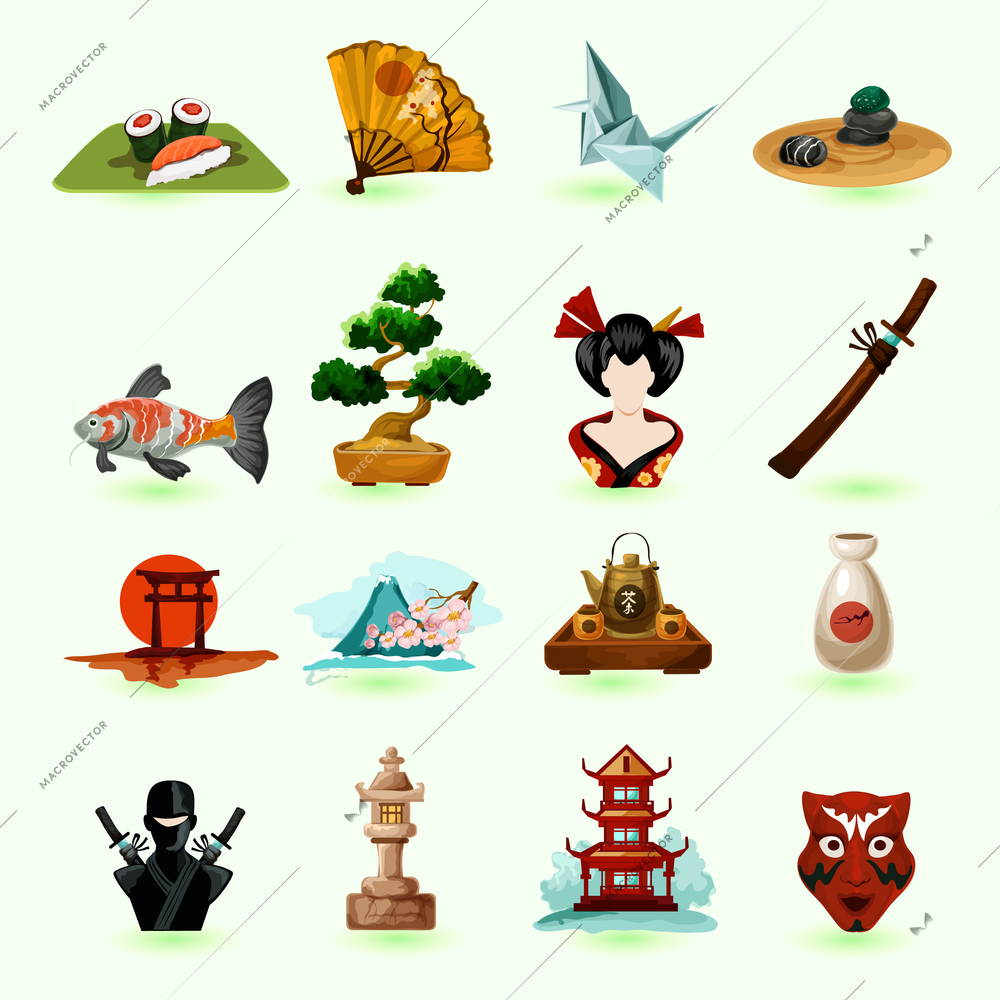 Japan icons set with sushi pagoda origami fan isolated vector illustration