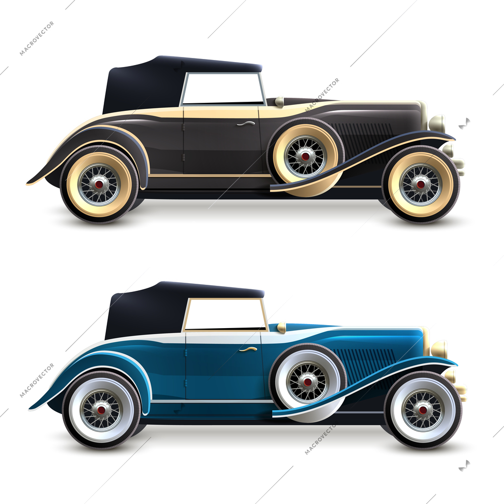 Black and blue retro car profile decorative icons set isolated vector illustration