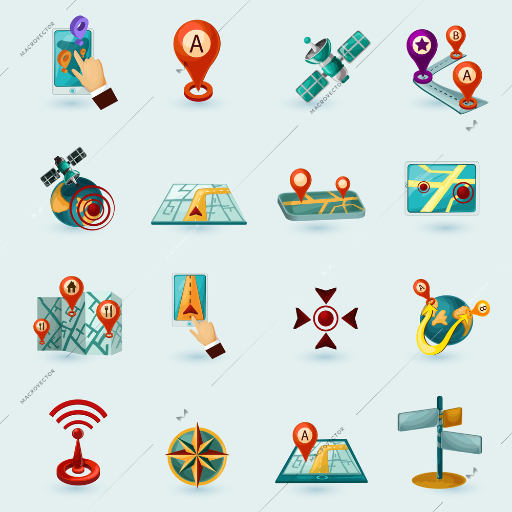 Navigation cartoon icons set with mobile gadgets satellite road map isolated vector illustration