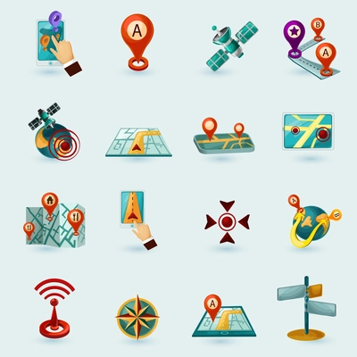 Navigation cartoon icons set with mobile gadgets satellite road map isolated vector illustration