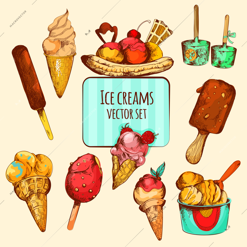 Ice cream varieties sketch colored decorative icons set isolated vector illustration