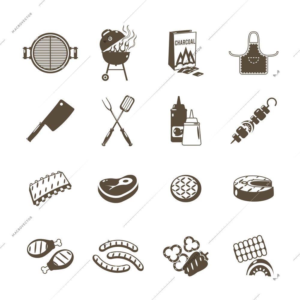 Barbecue grill and outdoor summer picnic utensil icons black set isolated vector illustration