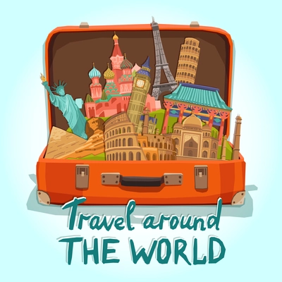 Open tourist suitcase with world heritage international landmarks set vector illustration