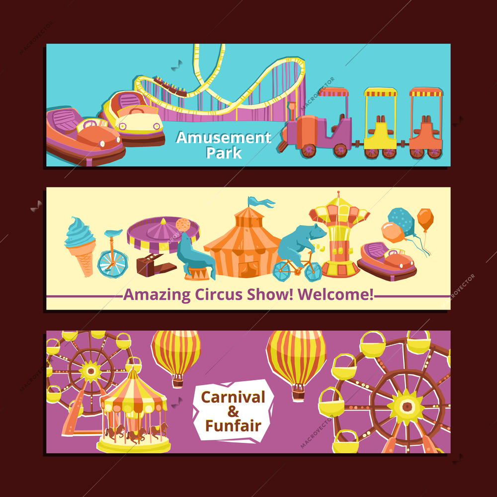 Amusement park circus show and carnival horizontal banners set isolated vector illustration