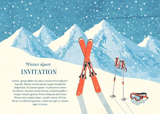 Ski winter mountain landscape retro invitation card frame vector illustration