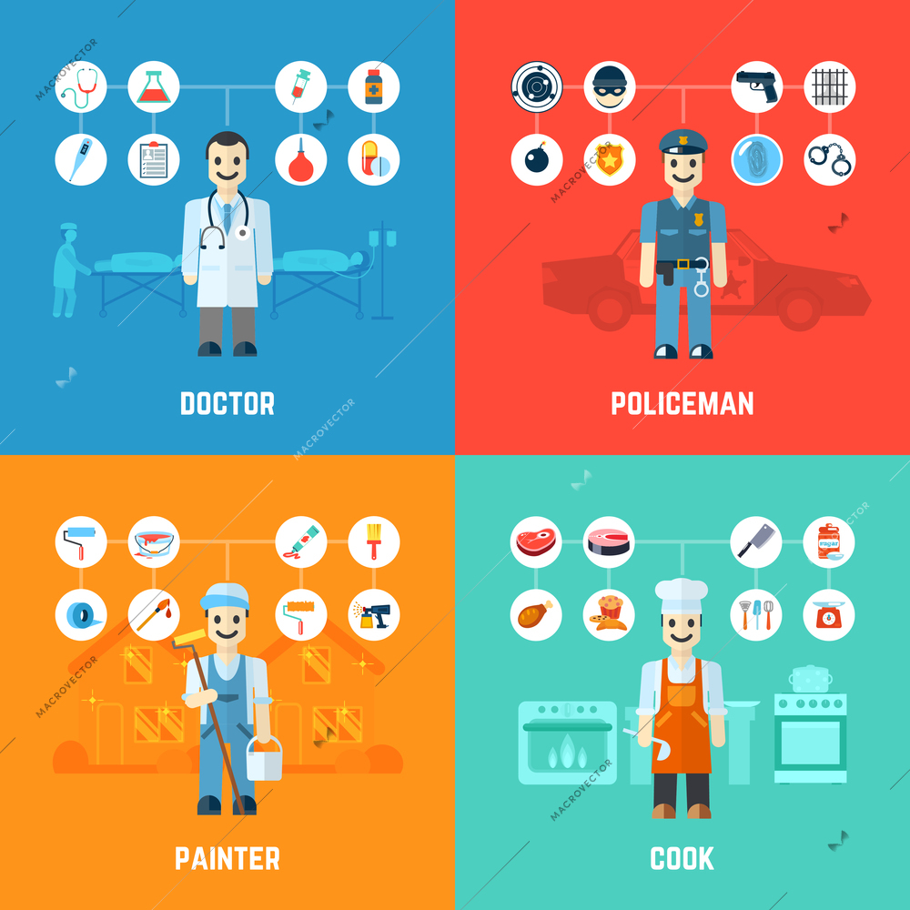 Profession design concept set with doctor policeman painter cook avatars isolated vector illustration