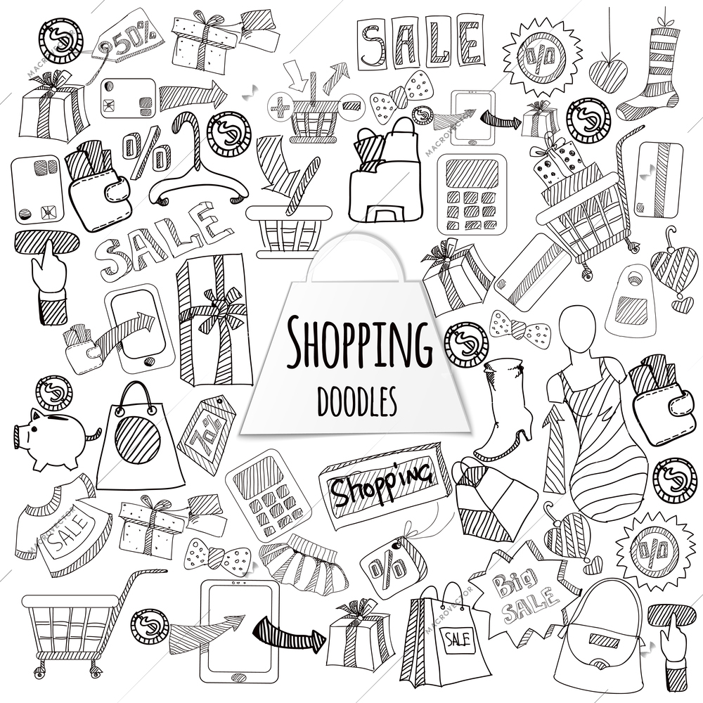 Shopping retail sale and discount doodle set isolated vector illustration