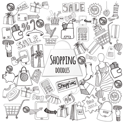 Shopping retail sale and discount doodle set isolated vector illustration