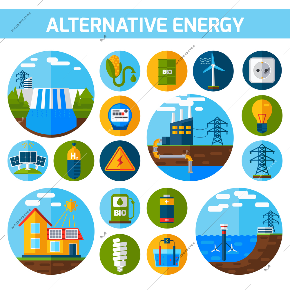 Alternative atom water solar energy icons flat set isolated vector illustration