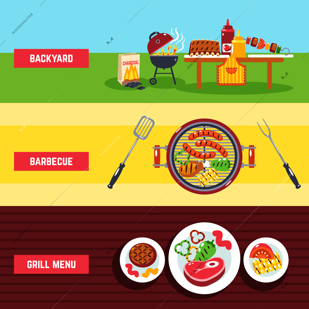 Barbecue horizontal banner set with backyard and grill menu elements isolated vector illustration