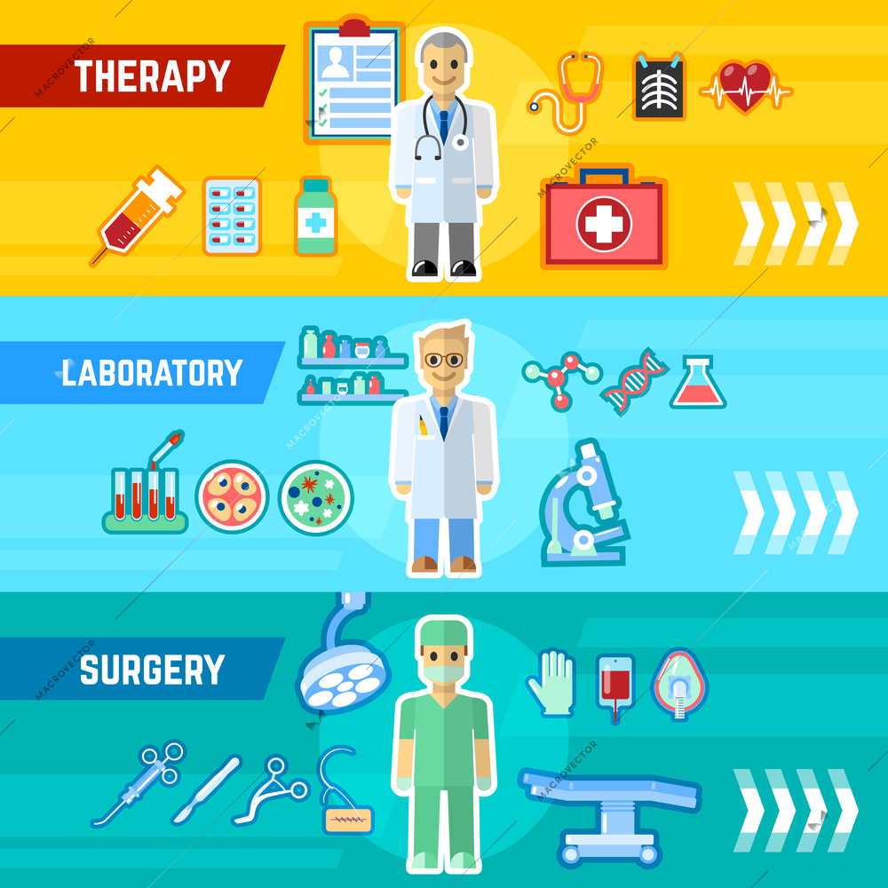 Doctor horizontal banner set wih therapy laboratory surgery elements isolated vector illustration