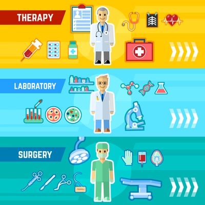 Doctor horizontal banner set wih therapy laboratory surgery elements isolated vector illustration