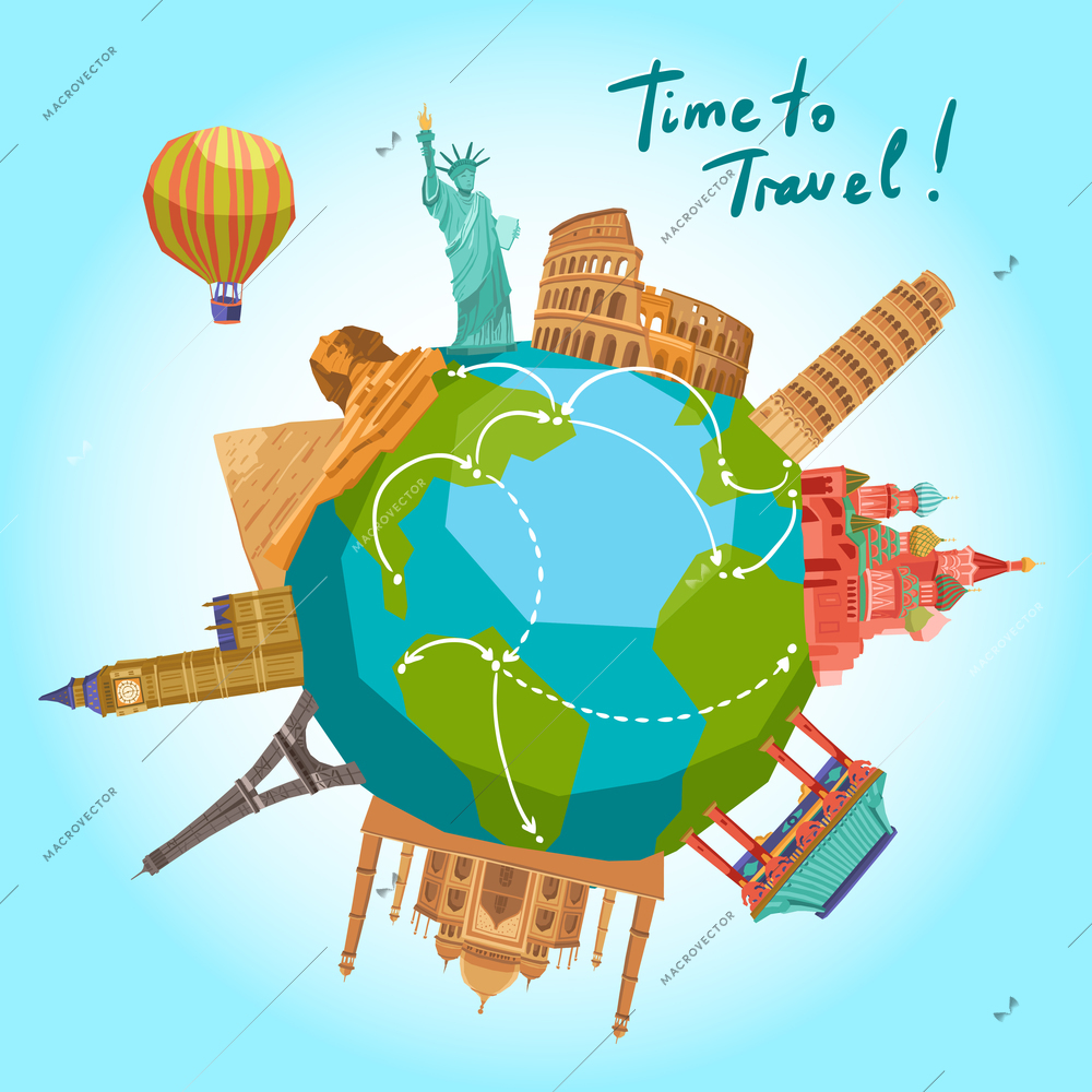 Travel background with world landmarks around the globe vector illustration