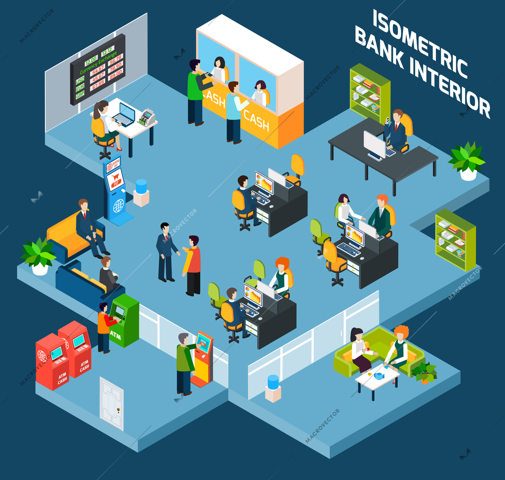 Bank interior isometric with 3d office and business people vector illustration