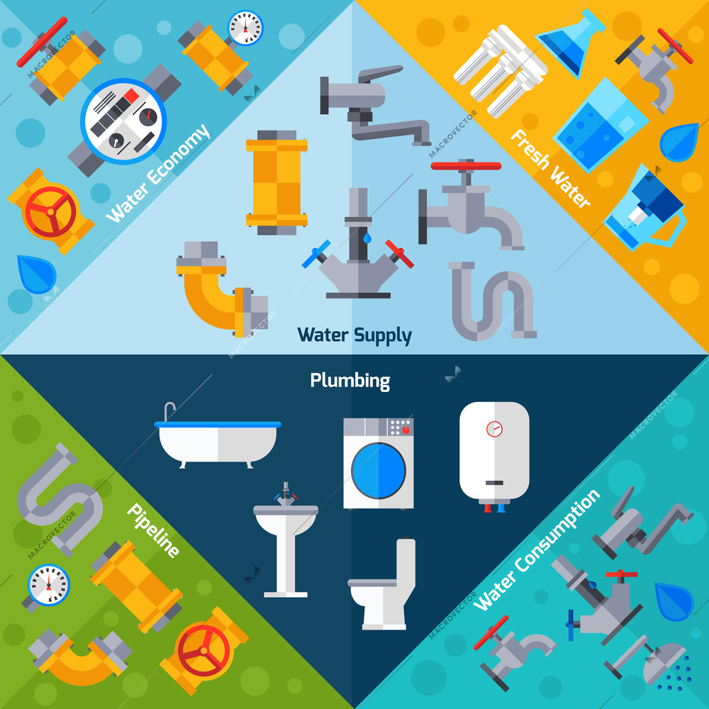 Water supply corners set with plumbing pipeline and bathroom accessories isolated vector illustration