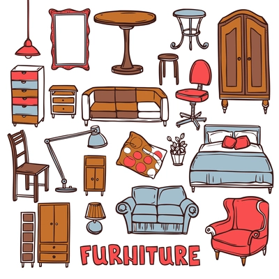 Home furniture decorative icons set with sketch sofa armchair table isolated vector illustration