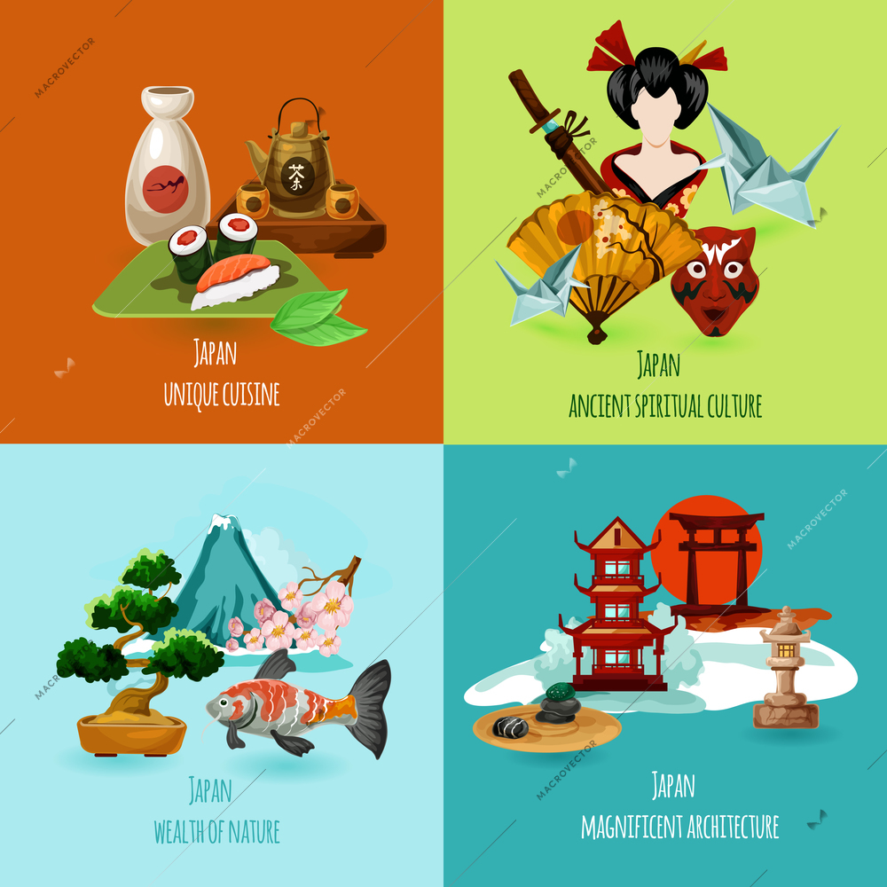 Japan design concept set with culture nature architecture and cuisine cartoon icons isolated vector illustration