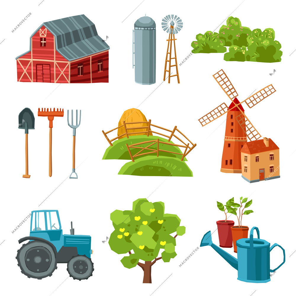 Farm decorative multicolored set with barn tractor windmill haystack silo tower tree bushes watering can spade rake pitchfork isolated vector illustration