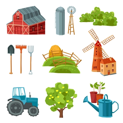 Farm decorative multicolored set with barn tractor windmill haystack silo tower tree bushes watering can spade rake pitchfork isolated vector illustration