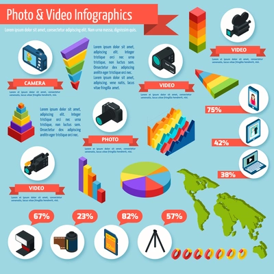 Photo and video infographics set with photography equipment and isometric charts vector illustration