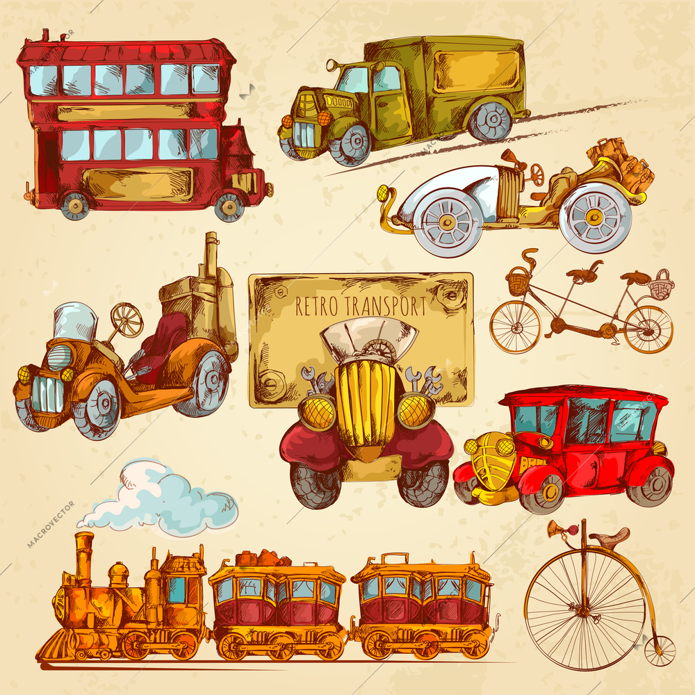 Vintage transport steampunk historical vehicle sketch colored decorative icons set isolated vector illustration