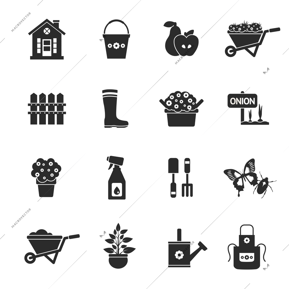 Gardening black icons set with fence rubber boot flower pot insect spray isolated vector illustration