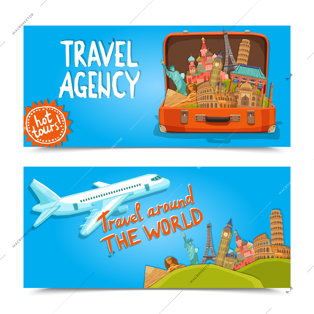 Around the world travel agency horizontal banners set with suitcase of famous sightseeings  isolated vector illustration