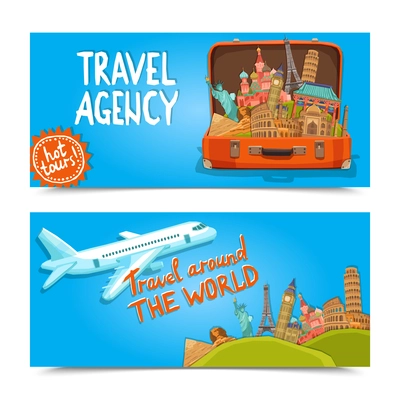 Around the world travel agency horizontal banners set with suitcase of famous sightseeings  isolated vector illustration