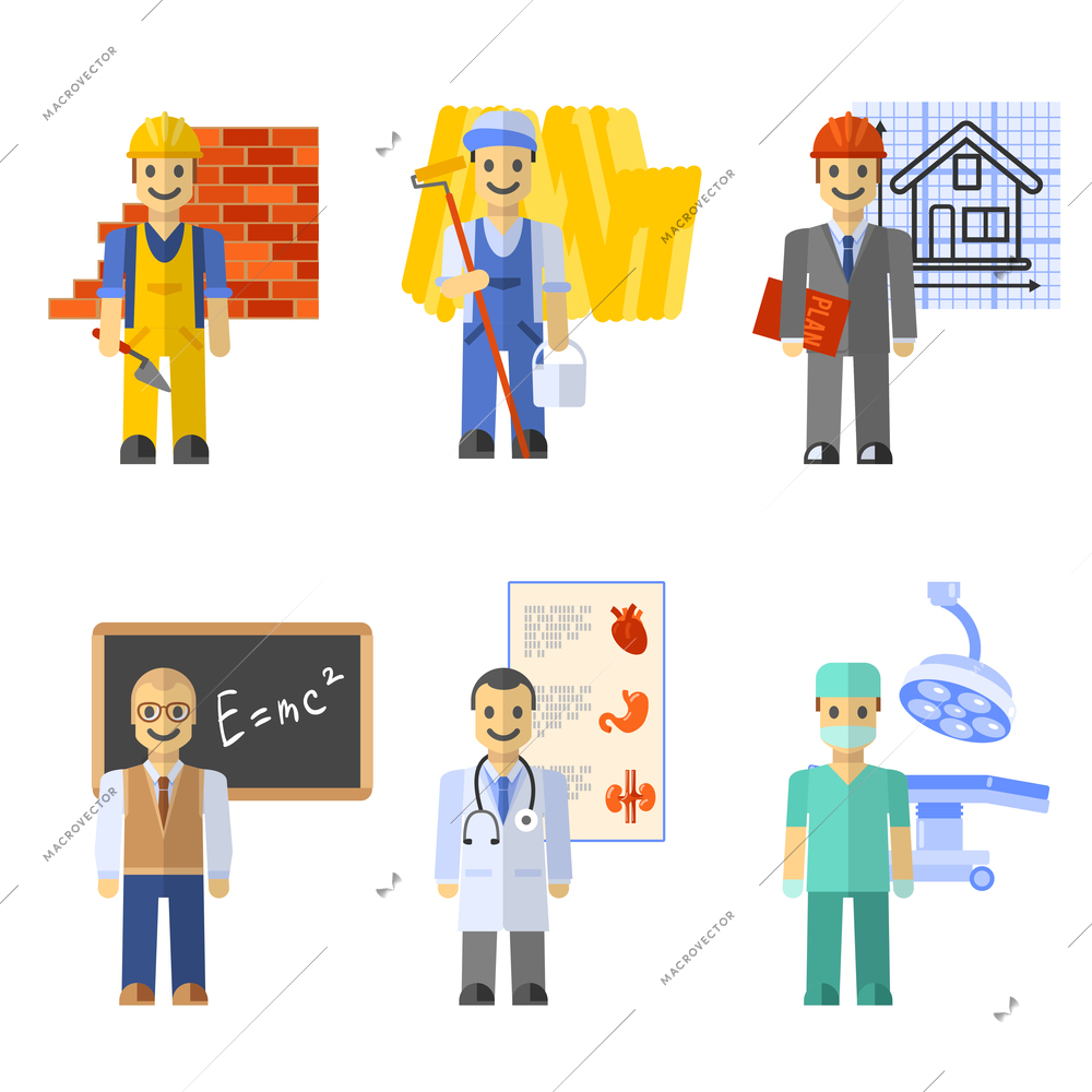 Profession characters set with engineer worker teacher doctor isolated vector illustration