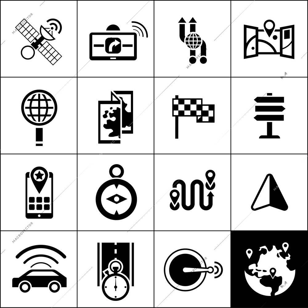 Navigation icons black set with satellite gps navigator maps routes isolated vector illustration