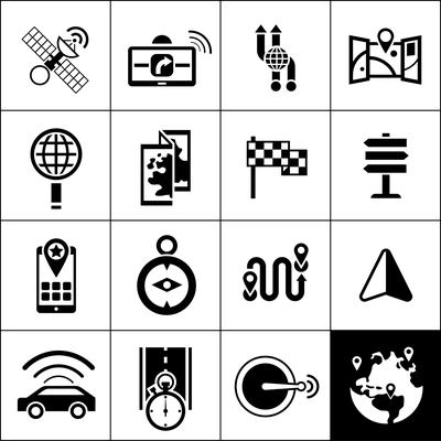 Navigation icons black set with satellite gps navigator maps routes isolated vector illustration