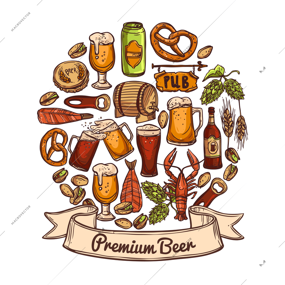 Premium beer concept sketch with jugs can opener bottle cask cap snacks hops nuts crayfish and shrimps vector illustration