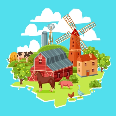 Farm multicolored concept with barn windmill cow pig goose chicken haystack trees vector illustration